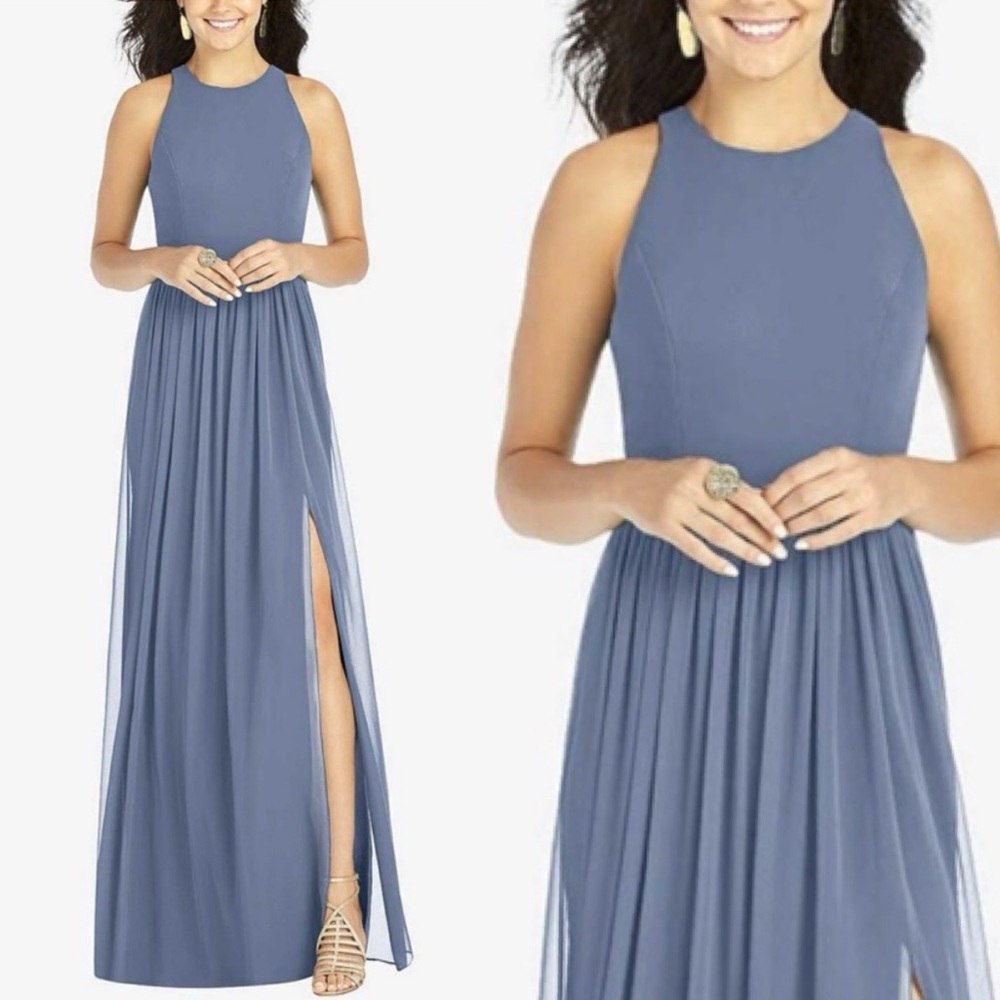 THREAD SHIRRED SKIRT JEWEL NECK HALTER DRESS LARKSPUR BLUE TH008 Size 8